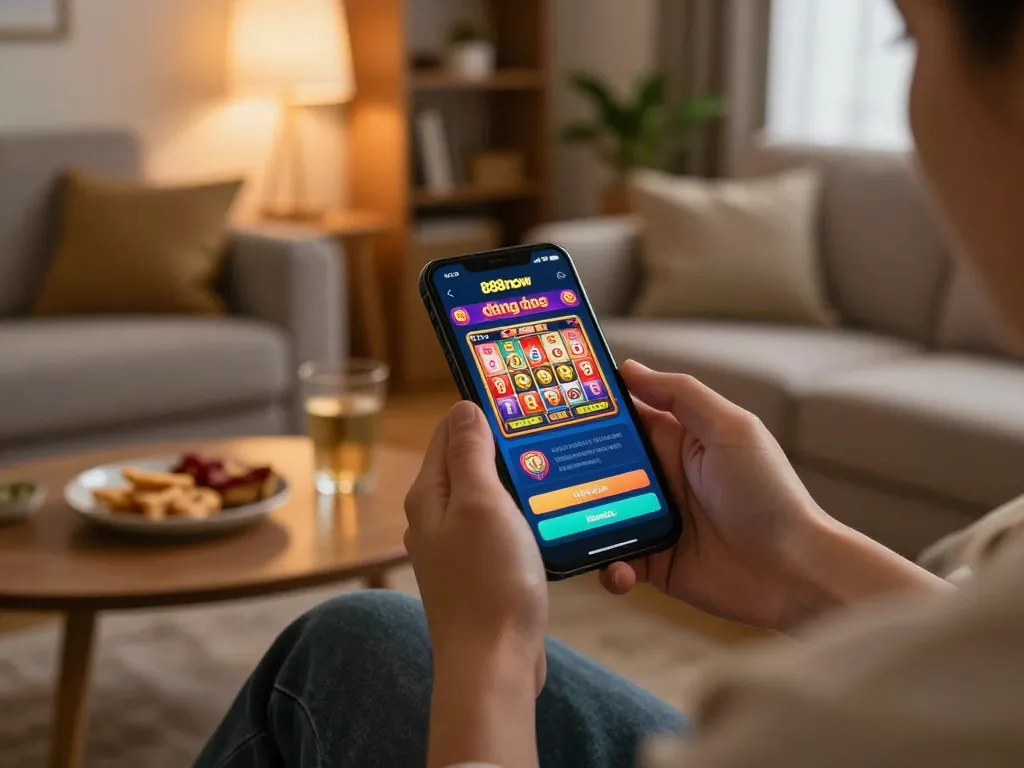 Engaged gamer accessing 888now đăng nhập on a smartphone in a cozy living room setup