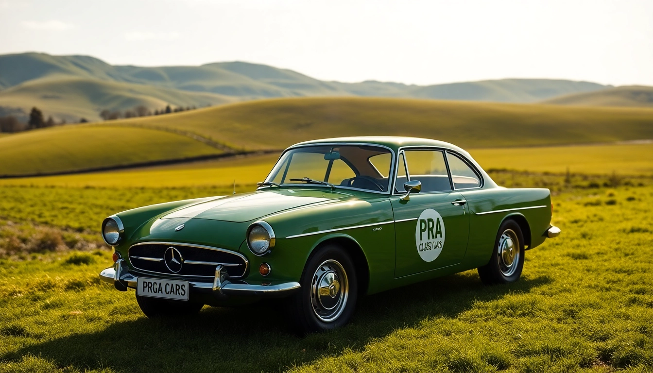 Admiring a beautifully restored PRA Classic Cars vehicle against scenic countryside backdrop.