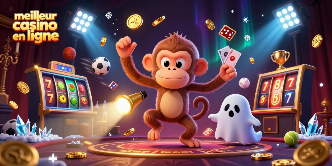 Illustration dynamique d'un meilleur casino en ligne avec un singe poltergeist et des éléments de jeu variés.