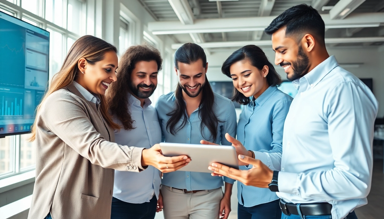 Team collaborating on business technology solutions in a modern office