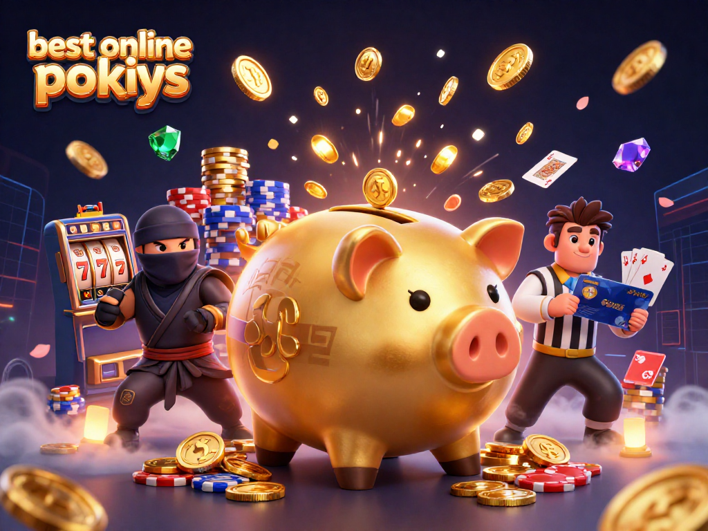 Experience the best online pokies with dynamic slot reels, vibrant golden coins, and action-packed characters in an engaging scene.