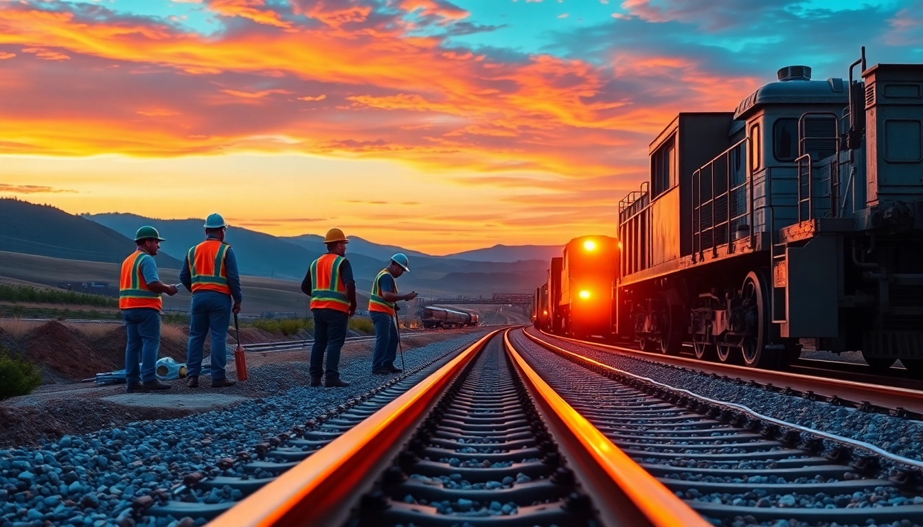 Railroad Contractors collaborating on a vibrant construction site during sunset.