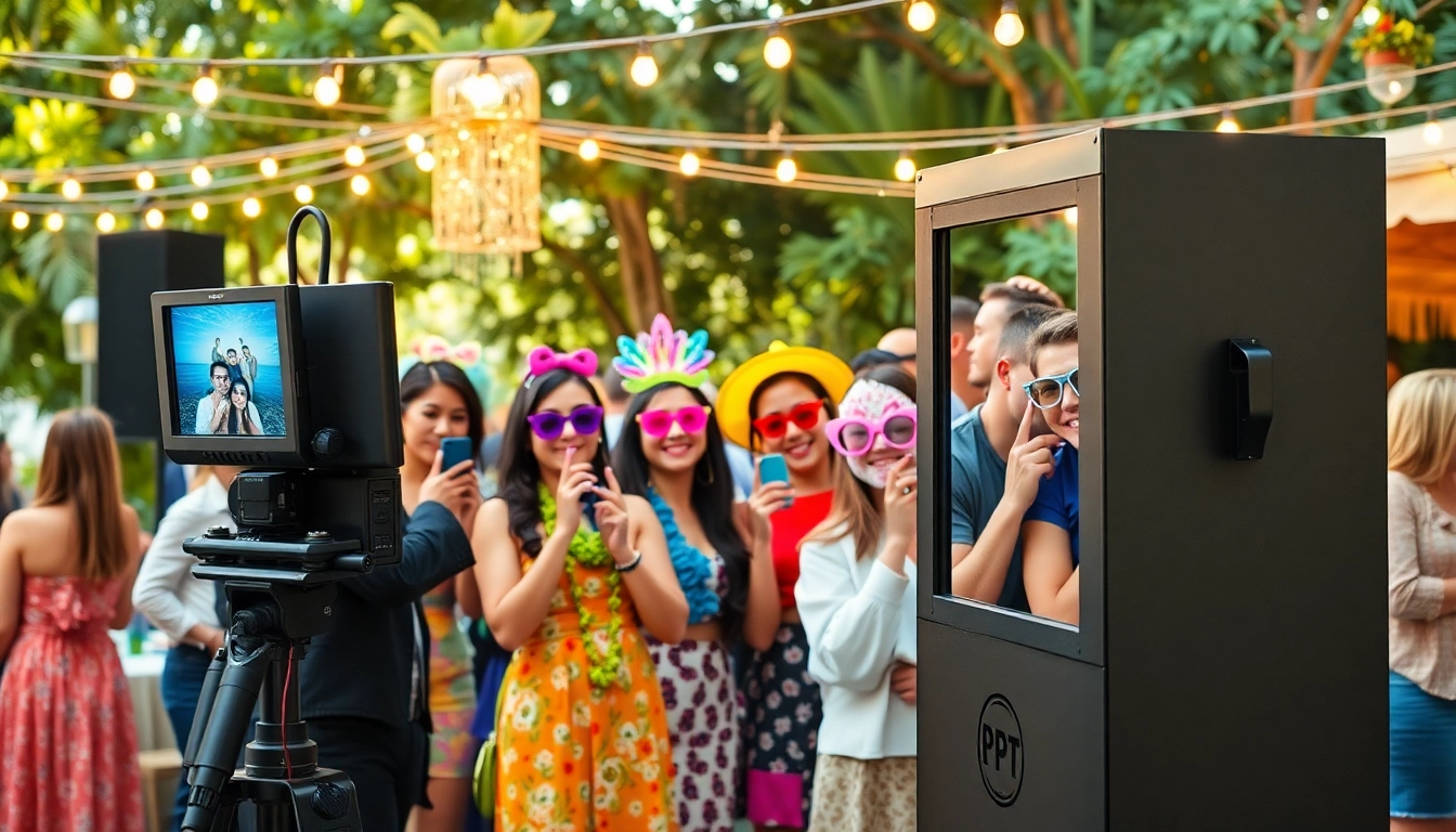 Capture the excitement of a photo booth rental with colorful props at an outdoor event.