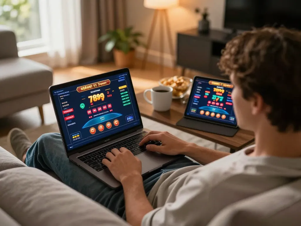 Engaging in online gaming at home with 789win 37 on laptop, cozy atmosphere.