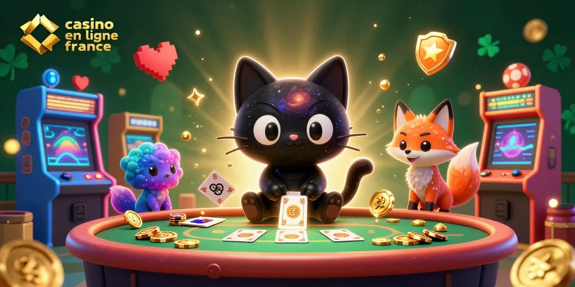 Illustration dynamique de casino en ligne France avec un chat noir galactique et un renard nébuleux.