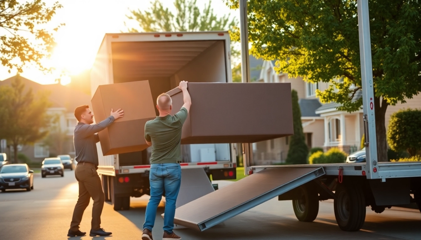 Local movers St George Utah efficiently loading furniture onto a truck in a sunny suburban setting.