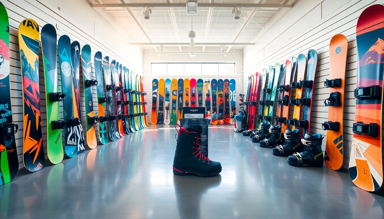 Browse top gear at a snowboard store showcasing diverse snowboards and equipment.