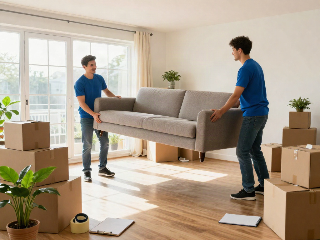 Moving company team assisting with a home move, lifting furniture and packing boxes.