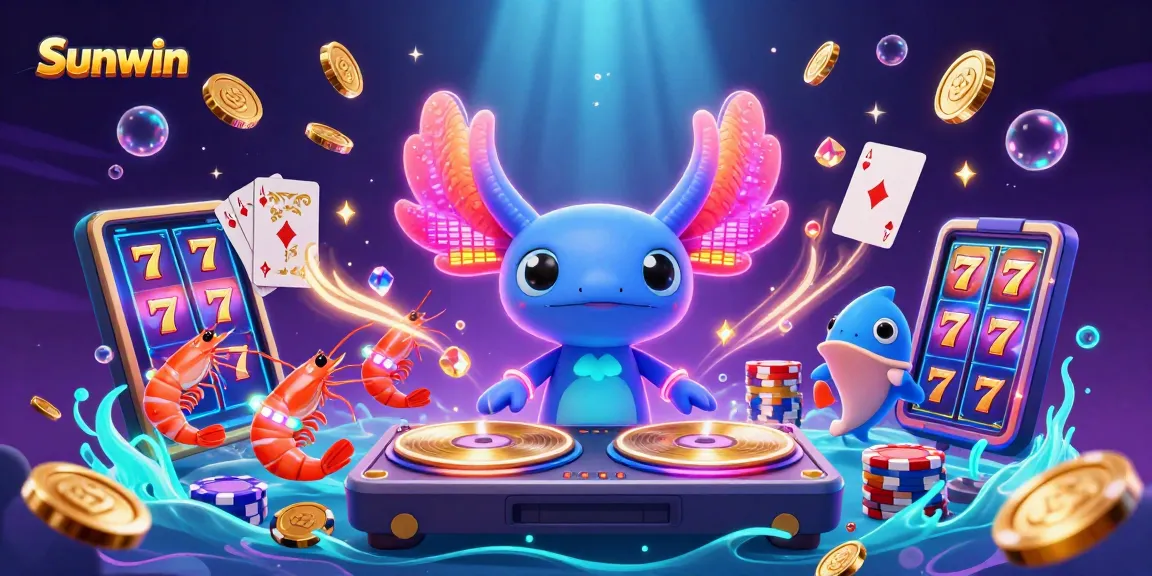 Sunwin brings excitement through a vibrant underwater casino scene featuring neon axolotl DJ and colorful game elements.