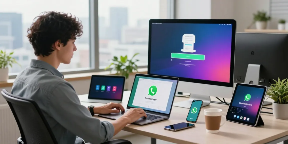WhatsApp下載 in a vibrant digital workspace, with a user downloading the app on a laptop surrounded by tech gadgets.
