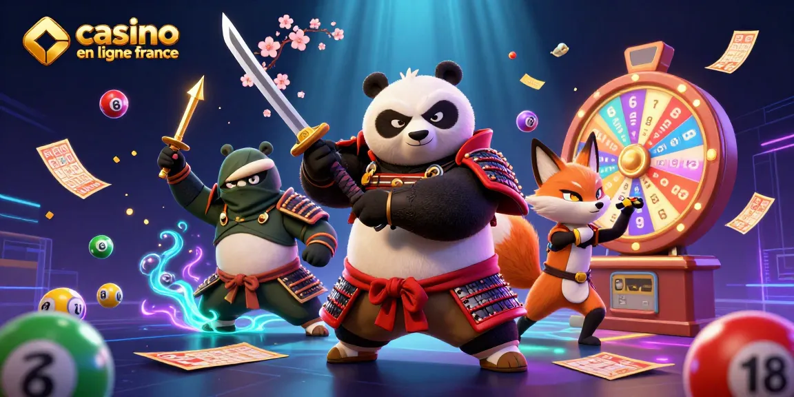 Illustration d'un panda samouraï et d'un renard ninja lançant des shurikens au casino en ligne France.