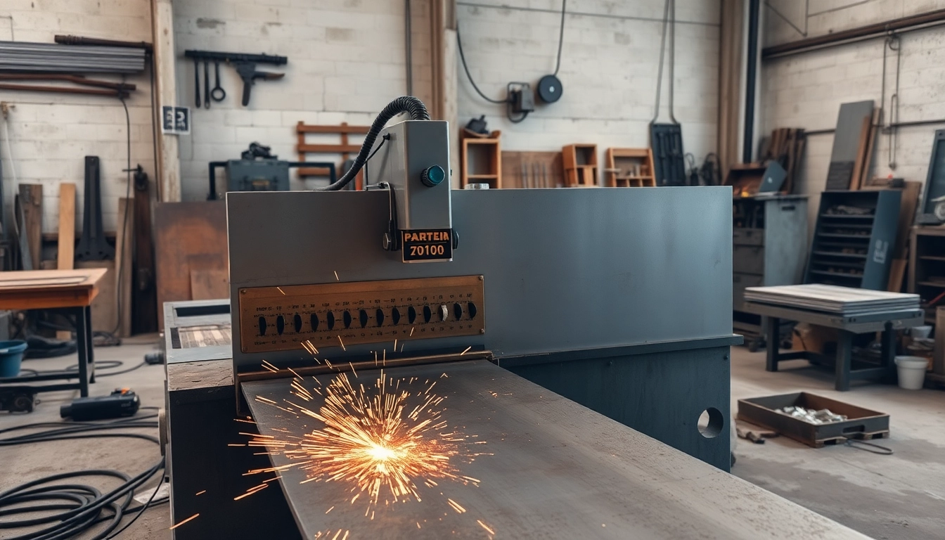 Efficient operation of custom shearing edmonton with sparks flying from the industrial machine.