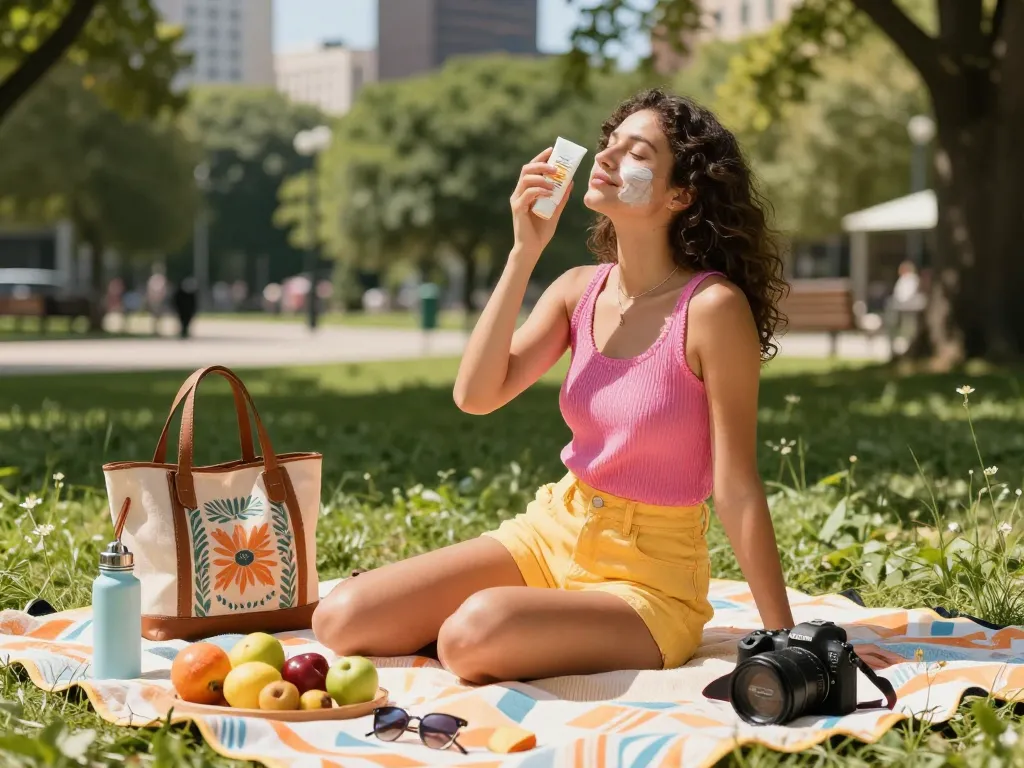 Individual applying face spf sunscreen in a vibrant park during summer, surrounded by greenery and picnic items.