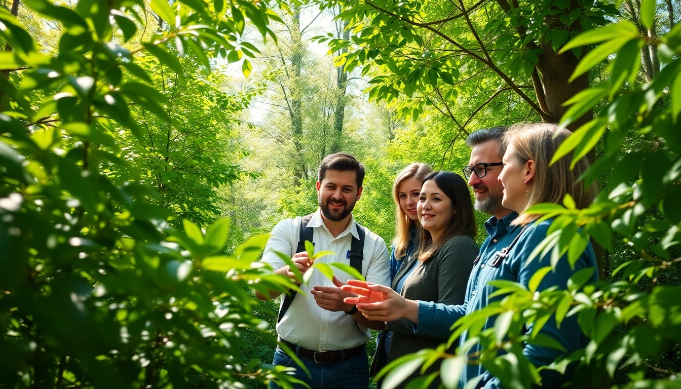 Black Mountain Tree Consultancy team analyzing tree health in a vibrant forest.