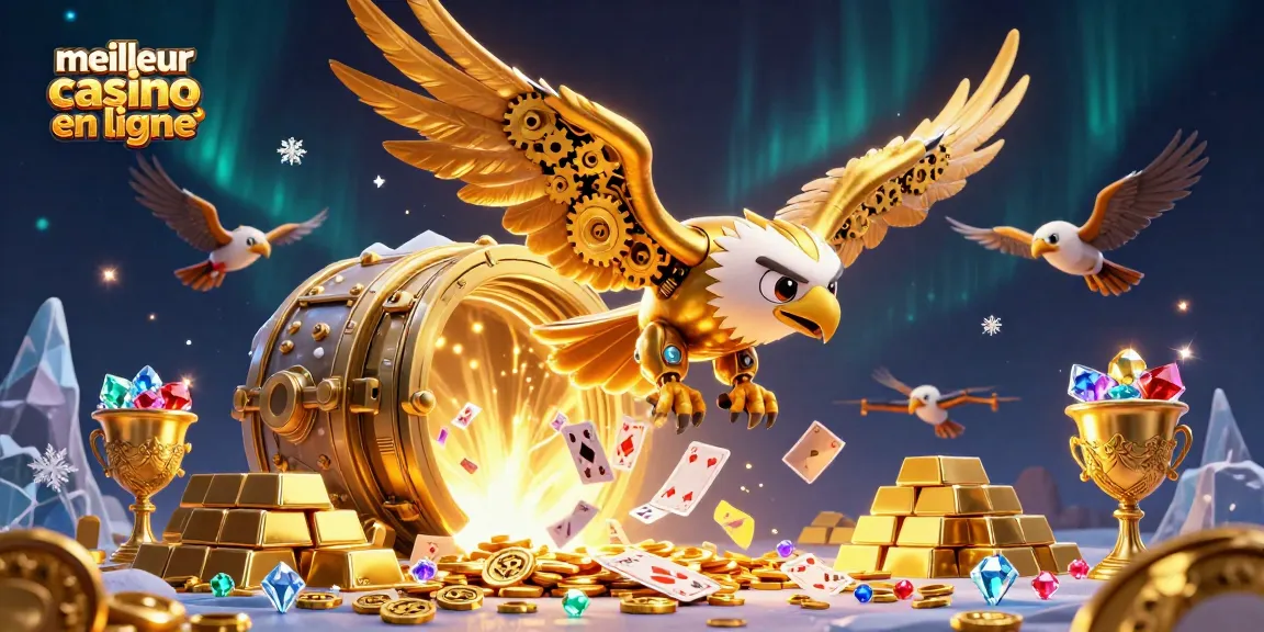 Découvrez le meilleur casino en ligne avec une illustration d'une aigle cybernétique et des éléments de jeu flashy.