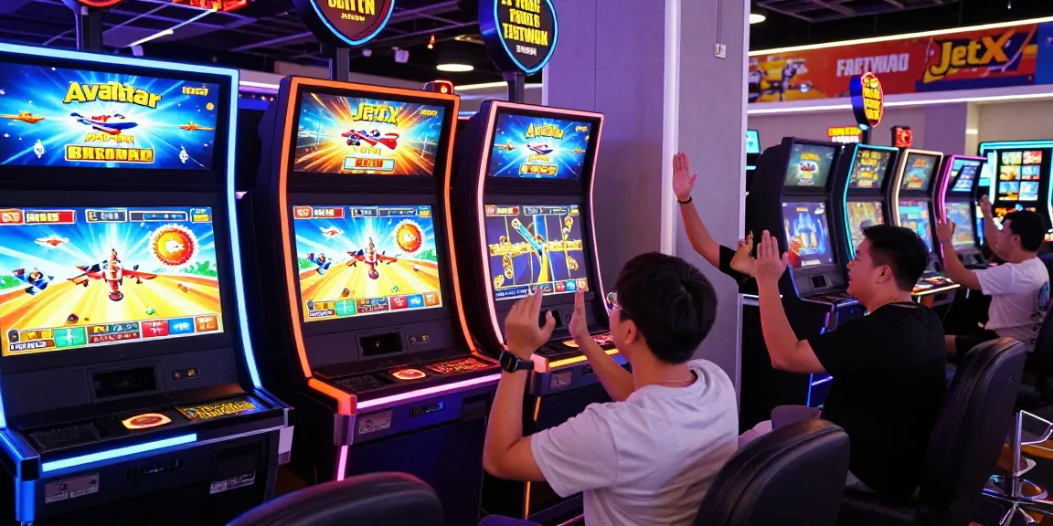Aviator 1xbet game scene showcasing players celebrating wins and engaging with colorful interactive displays and crash game features.