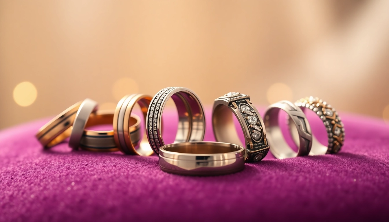 Showcasing luxurious mens wedding rings with distinctive designs and textures for wedding celebrations.