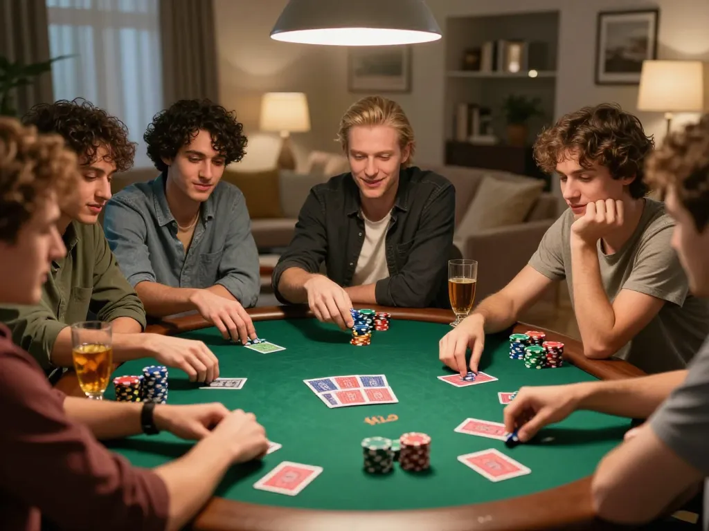 LOTO188 SO friends enjoying a competitive poker night with cards and chips at home.