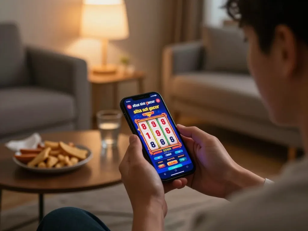 Playing “situs slot gacor” on a mobile app during a cozy evening at home, showcasing dynamic gameplay.