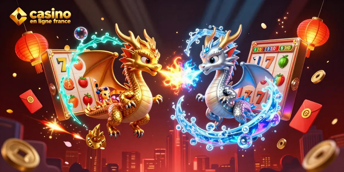 Visez des gains au casino en ligne France avec cette illustration de dragons et éléments de jeu.