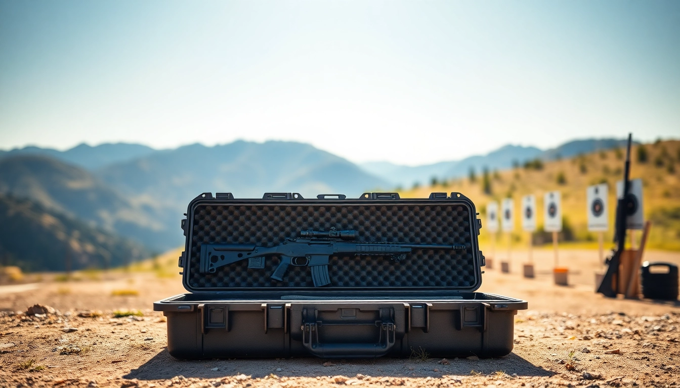 Secure pelican rifle case with rifles displayed in an outdoor shooting range setting.