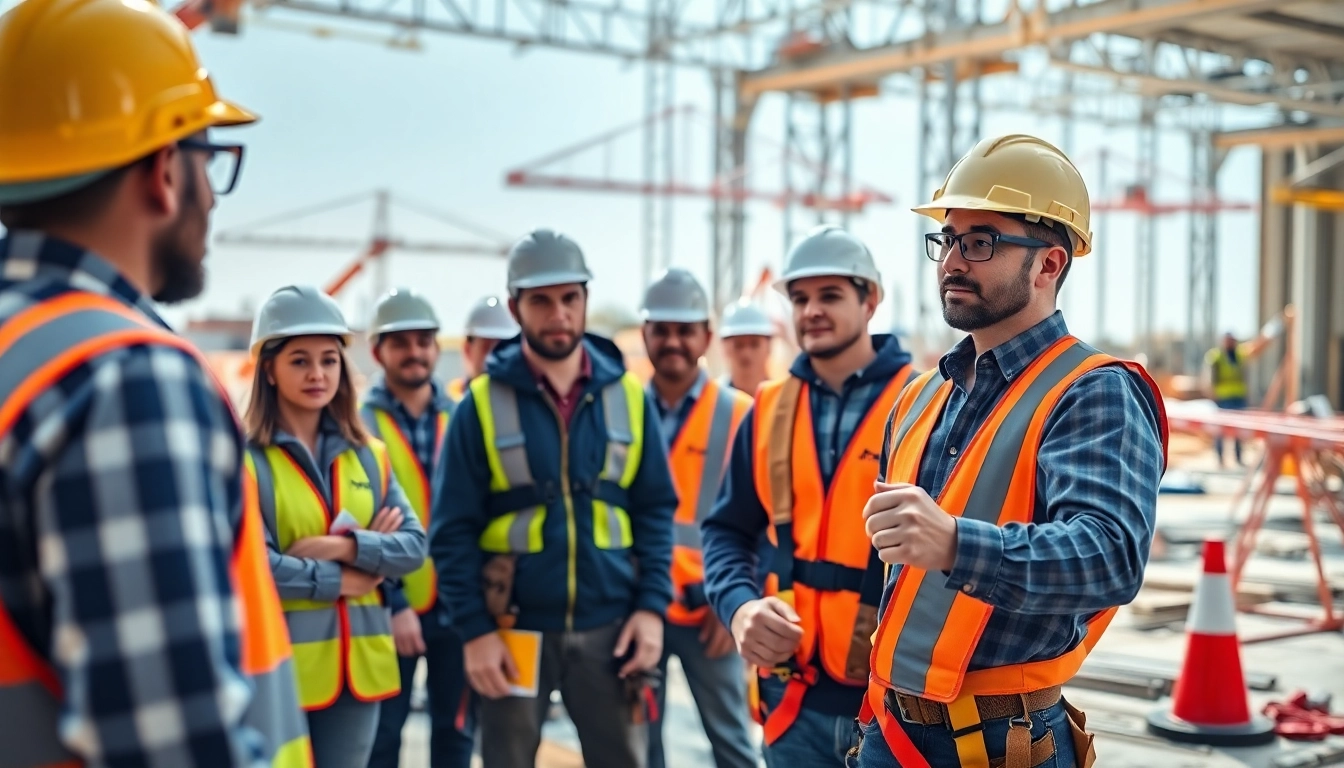 Engaged trainees in a construction safety training session demonstrating harness use and safety measures.
