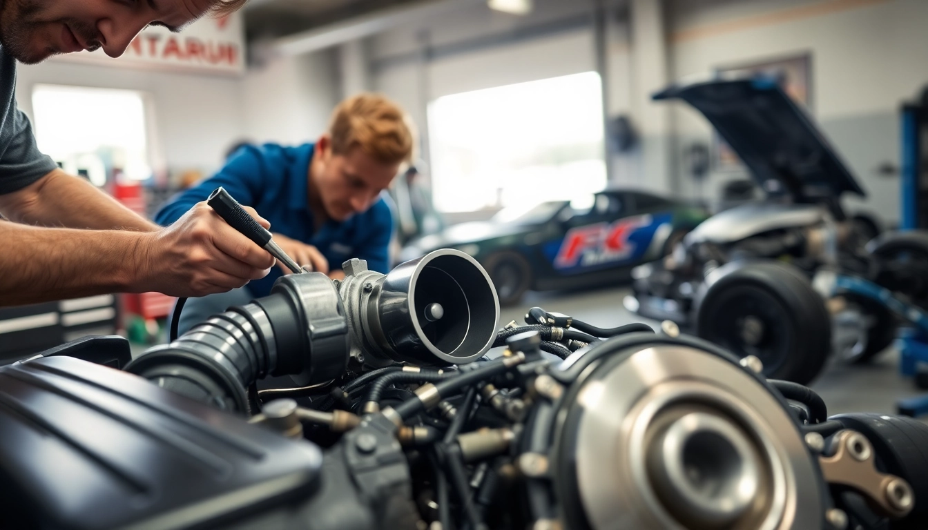 Mechanic installing Turbosmart turbo upgrade in a busy automotive workshop.