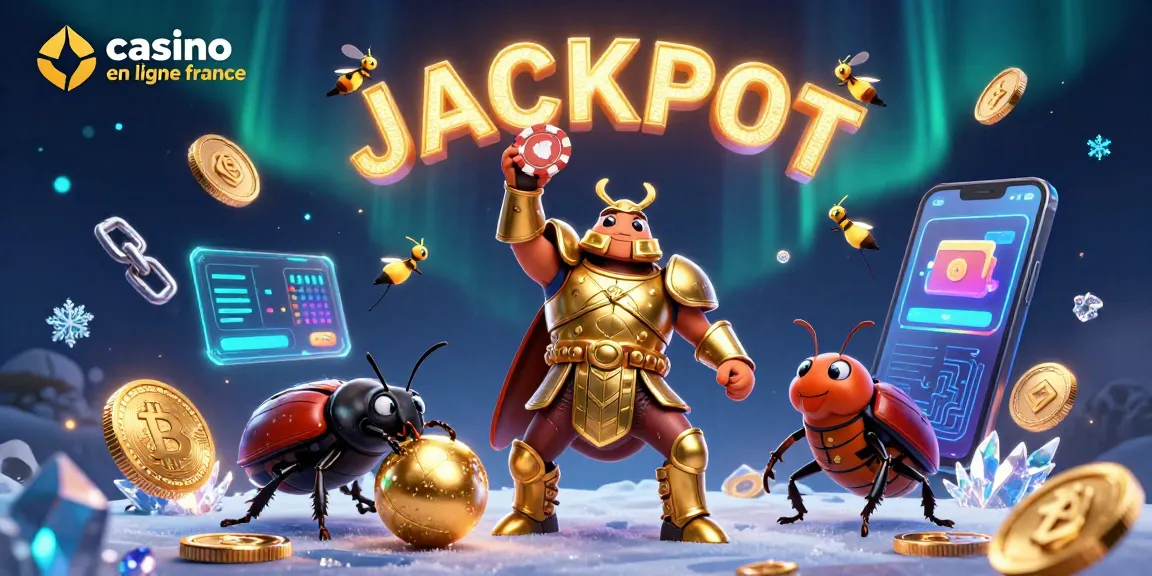Gagnez avec les jeux de casino en ligne France, illustrés par un scarabée héros et des éléments crypto.