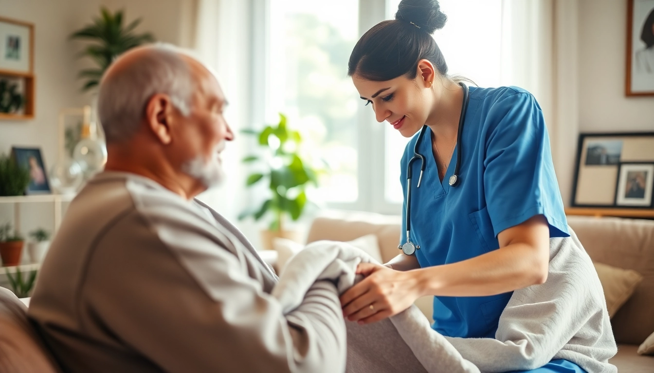 Caregiver providing home healthcare services with compassion in a cozy setting.
