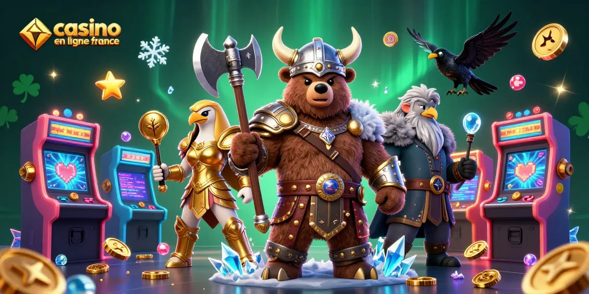 Découvrez des éléments de casino en ligne France avec un ours berserker et une aigle Valkyrie dans un univers ludique.