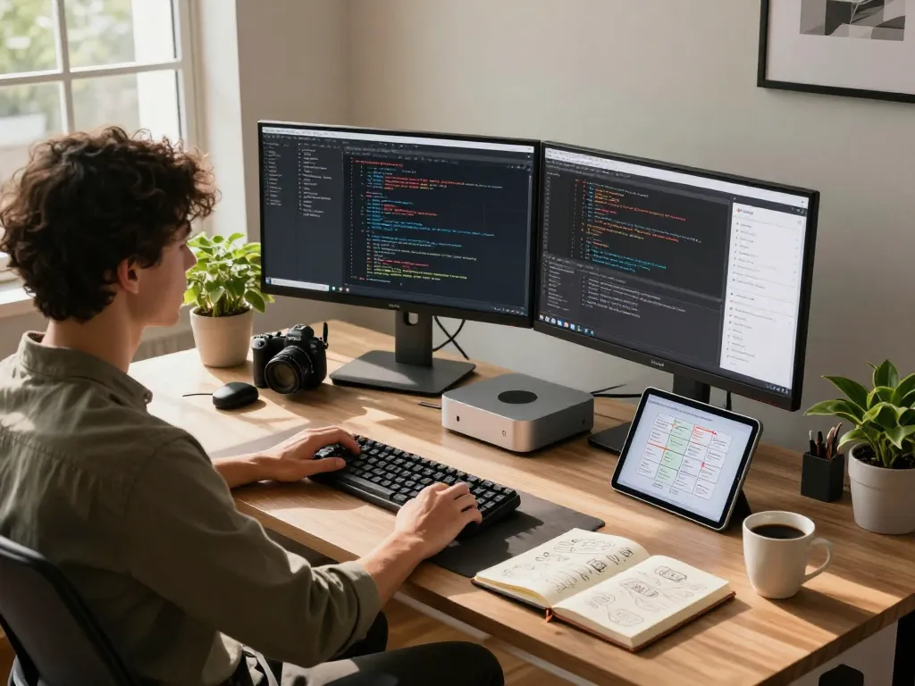 Home office scene with a Mac Mini setup, showcasing dual monitors, coding software, and a professional's workspace.