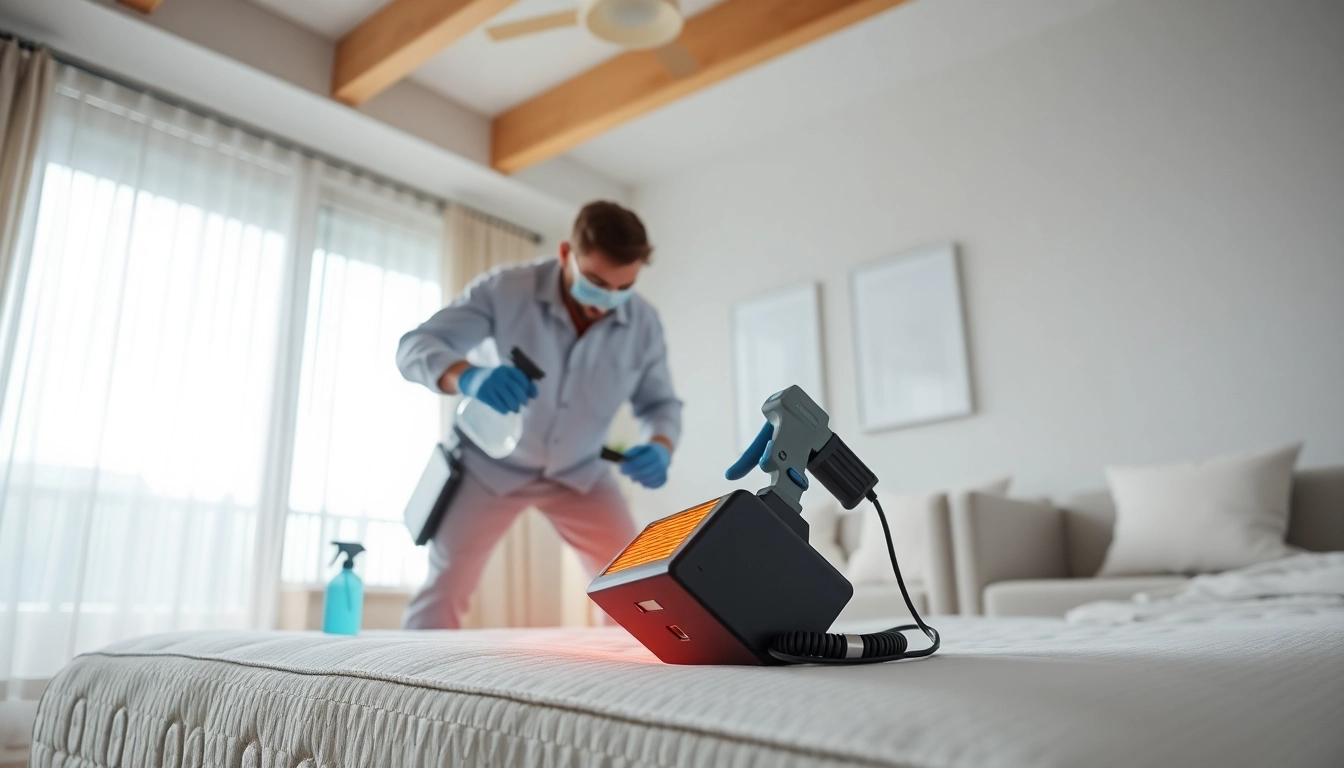 Bed bug exterminators executing a heat treatment in a bright living room.
