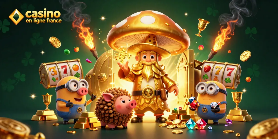 Illustration dynamique représentant un casino en ligne France avec un champignon sorcier, un cochon truffier et des gemmes scintillantes.