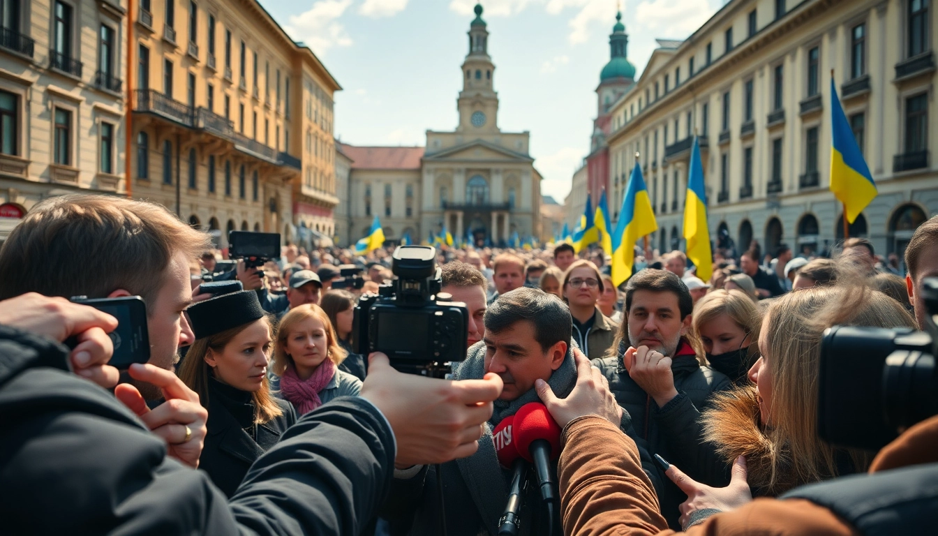 Збираються журналісти та місцеві жителі на площі новин на https://sumytoday.in.ua, відображаючи громаду.