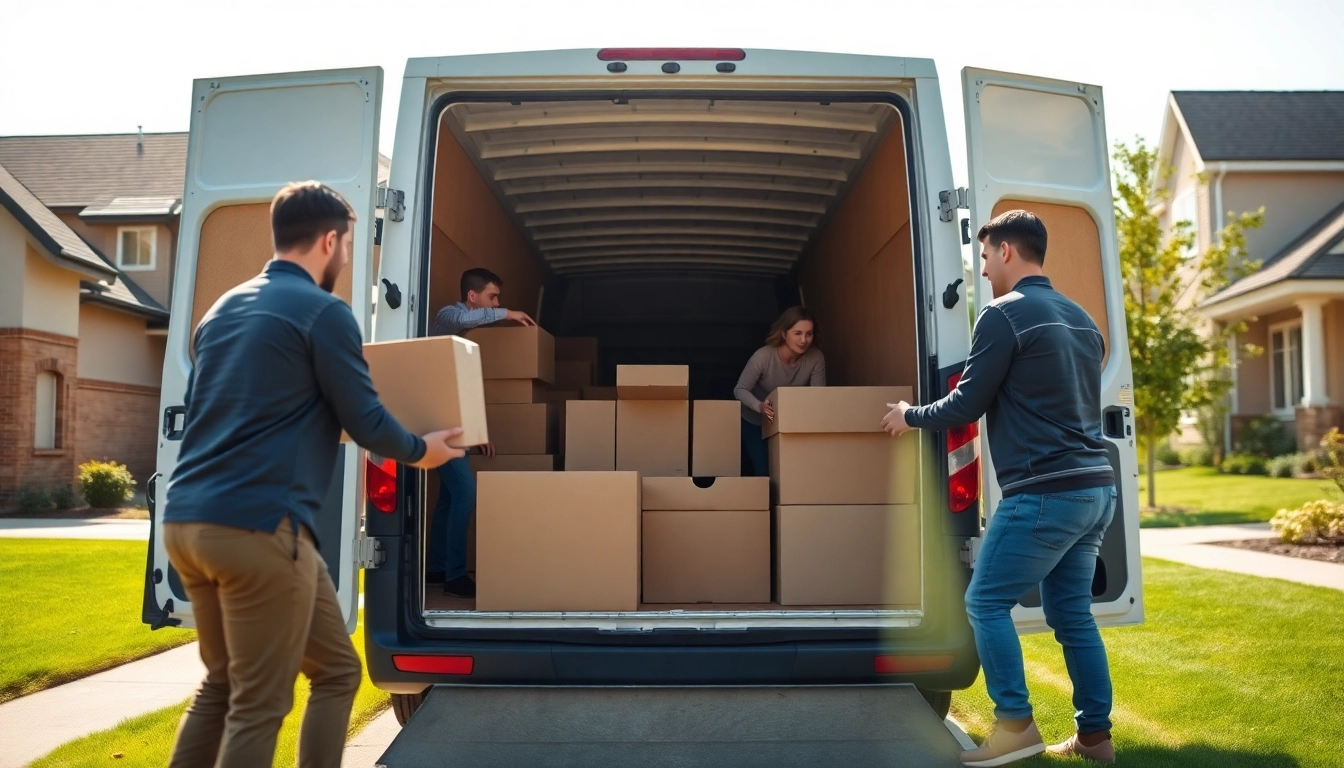 House removal companies loading boxes into a moving van in a bright suburban setting.