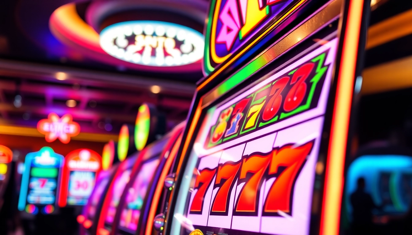 Bermain slot88 dengan slot mesin berwarna cerah dan lampu berkilau di kasino.