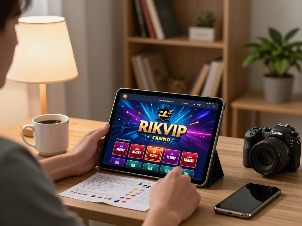 Person engaging with the RIKVIP app for online gambling in a cozy home environment.
