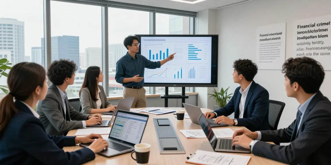 Dynamic team discussing financial crime intelligence insights in a modern office.