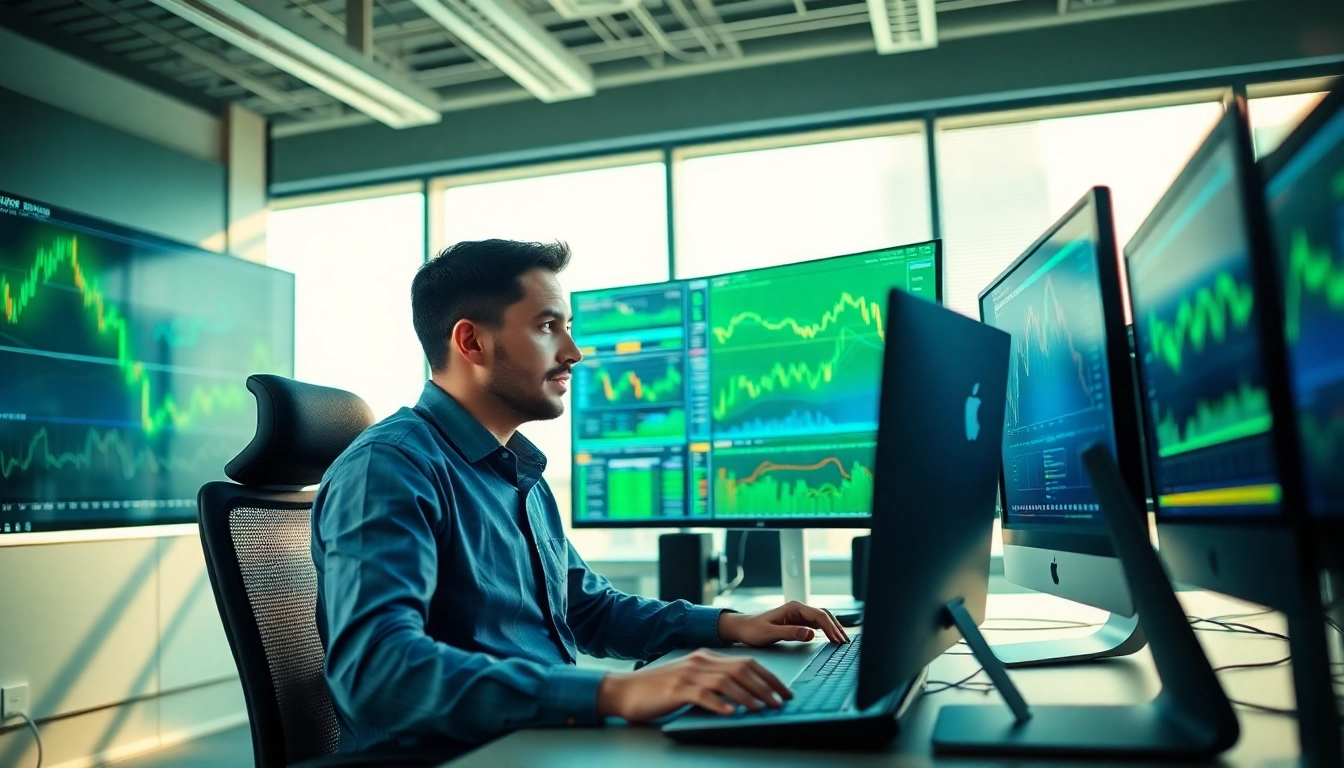 Engage with quant trading crypto news through a focused trader analyzing market data on multiple screens.
