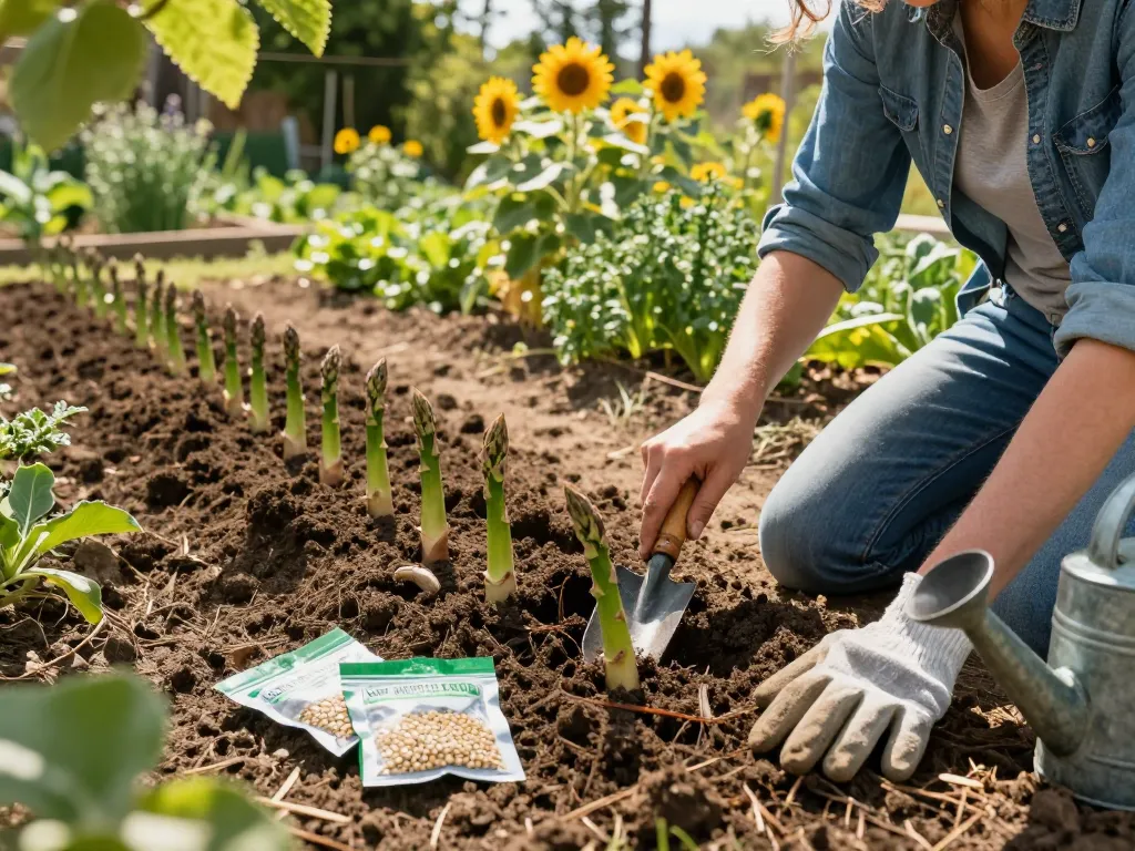 Gardener planting groene asperges zaaien in a lush vegetable garden, showcasing vibrant sprouts and gardening tools.
