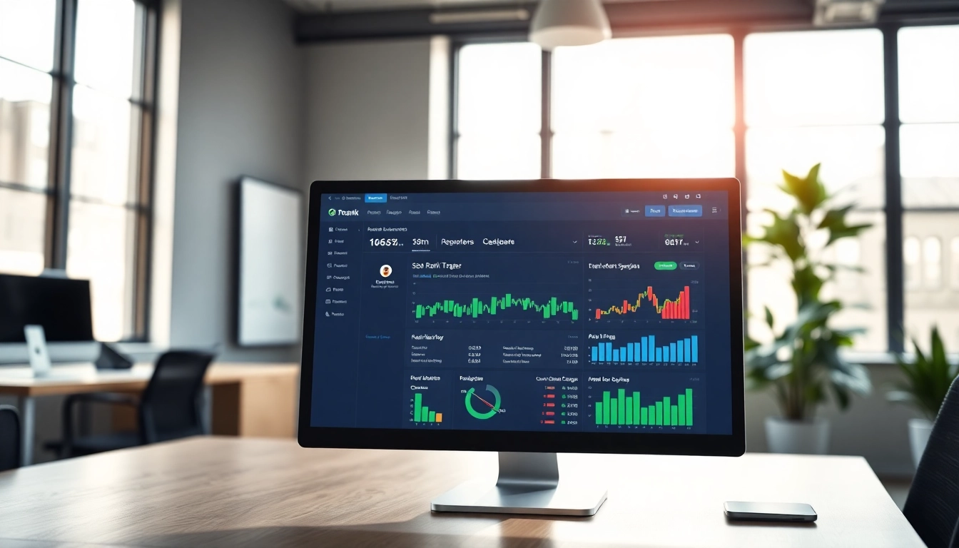 Monitor showcasing a detailed SEO Rank Tracker dashboard, illustrating analytics and metrics.