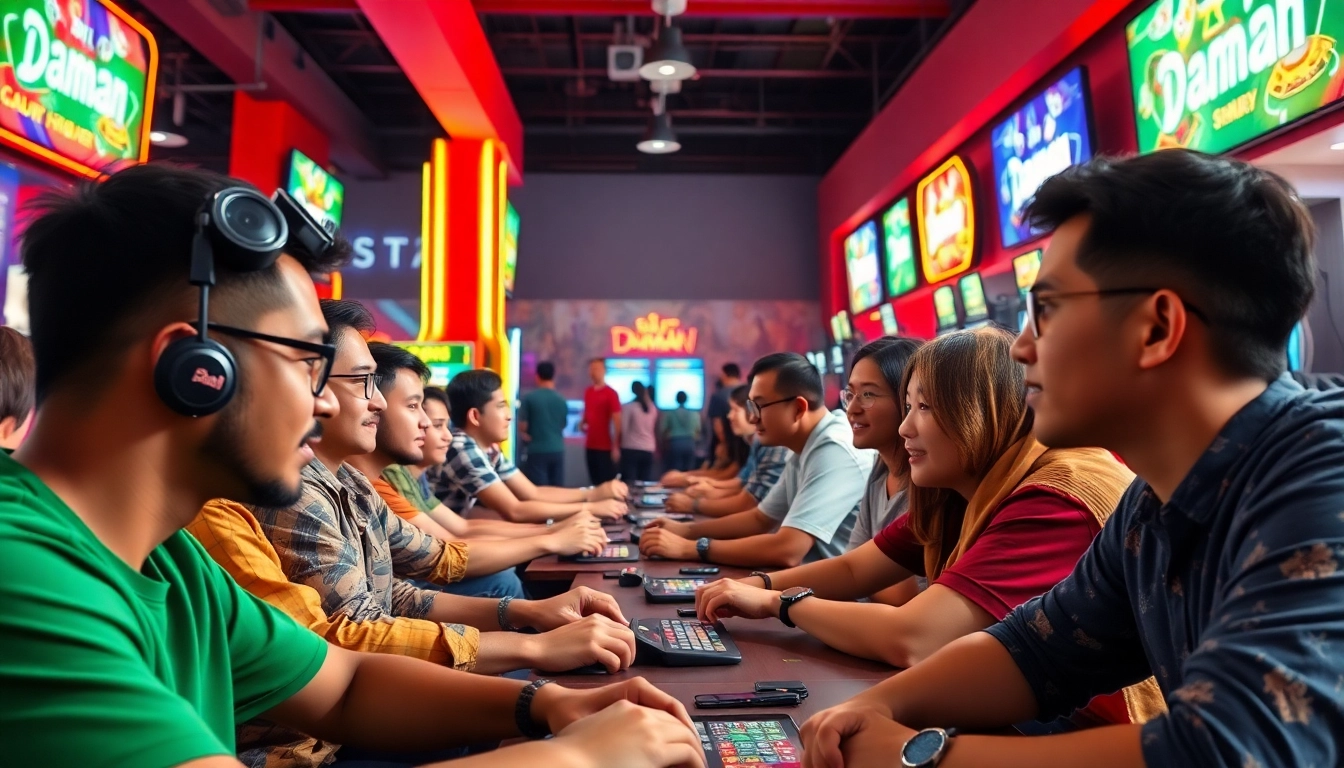 Players enjoying daman games at a vibrant café filled with excitement and colorful displays.