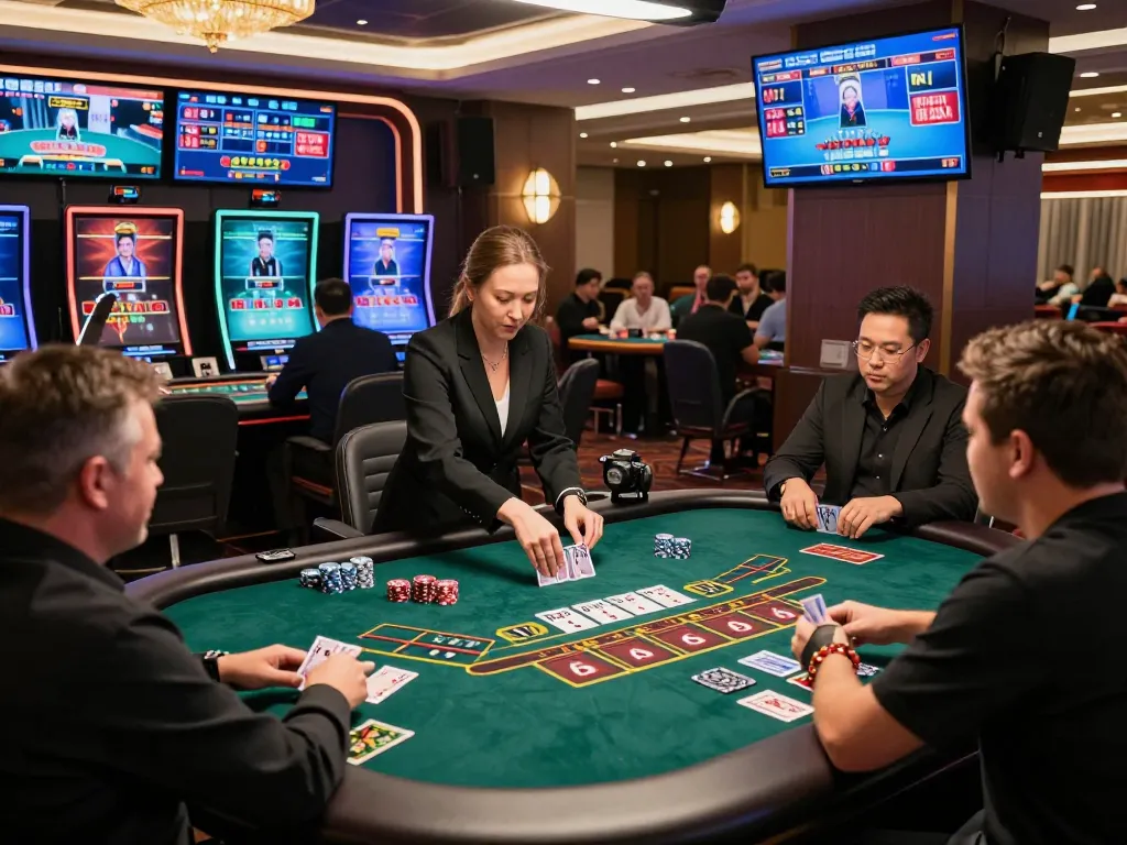 Engaging baccarat gameplay scene at a modern casino with players and dealers, showcasing online baccarat사이트 excitement.