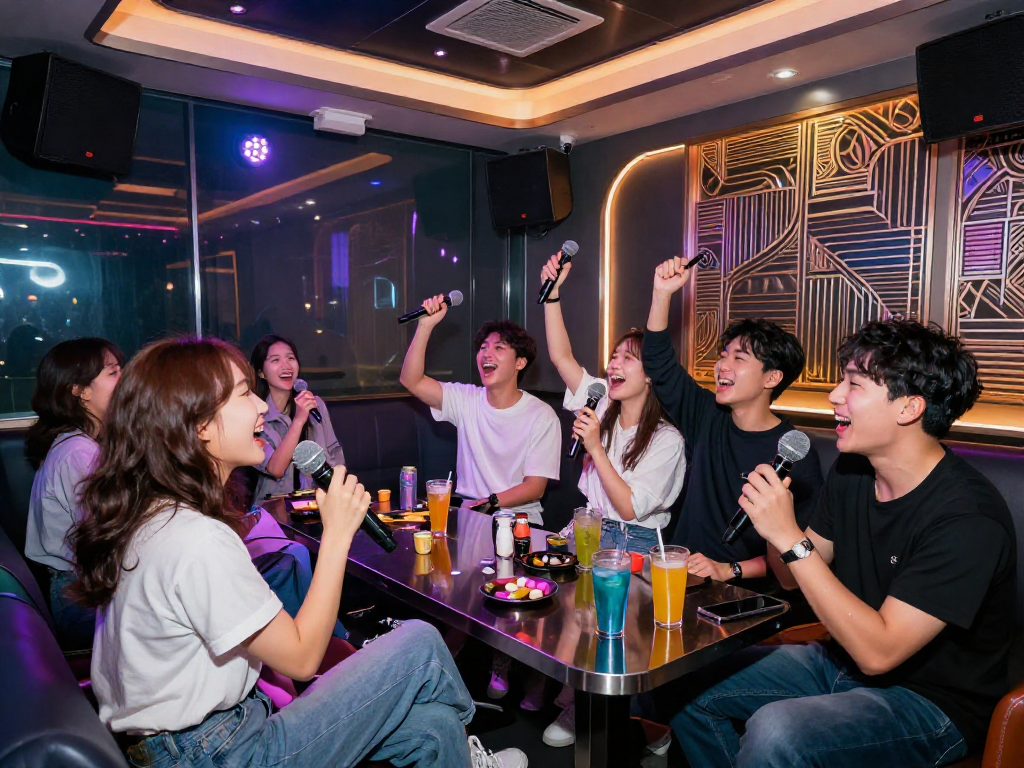 강남 타이밍과 함께 신나는 Karaoke 밤을 즐기는 친구들