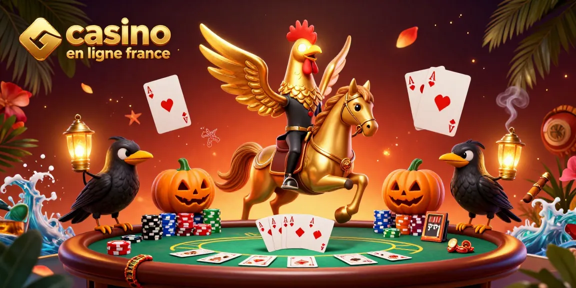 Venez découvrir le casino en ligne France, où un coq doré et des corbeaux en feu illuminent une table de poker.