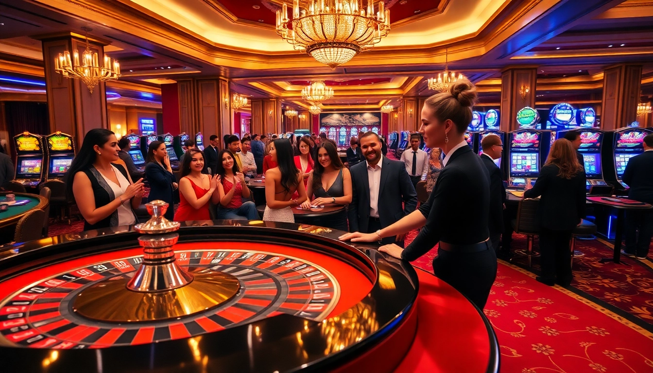 Players enjoying a thrilling roulette game at https://x88.agency/, featuring glamorous dealers and vibrant atmosphere.