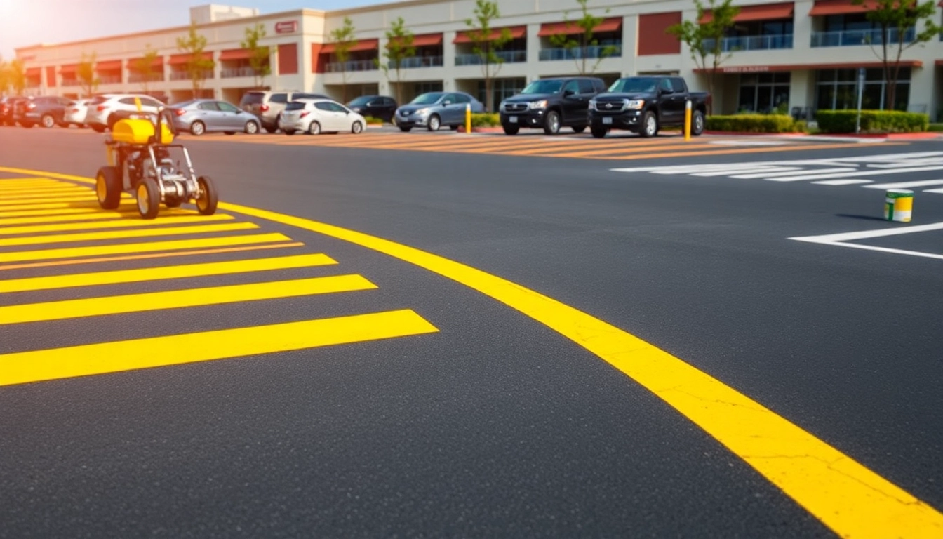 Showcasing parking lot striping Madison MS with freshly painted lines and a professional setting