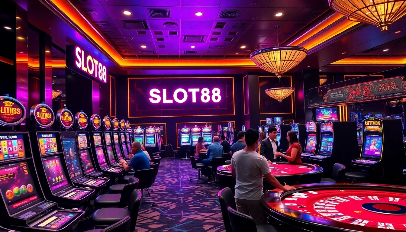 Players enjoying thrilling games at SLOT88 casino with vibrant slot machines and cheering friends.