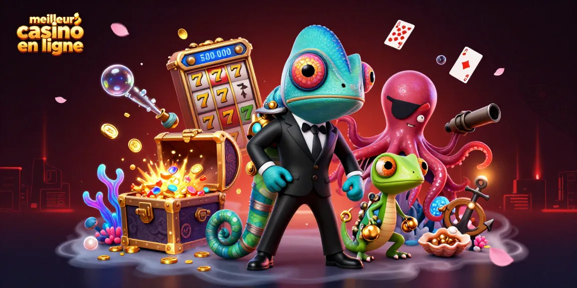 Jouer au meilleur casino en ligne avec un agent caméléon, un gecko et un poulpe dans un décor de jeux d'argent.
