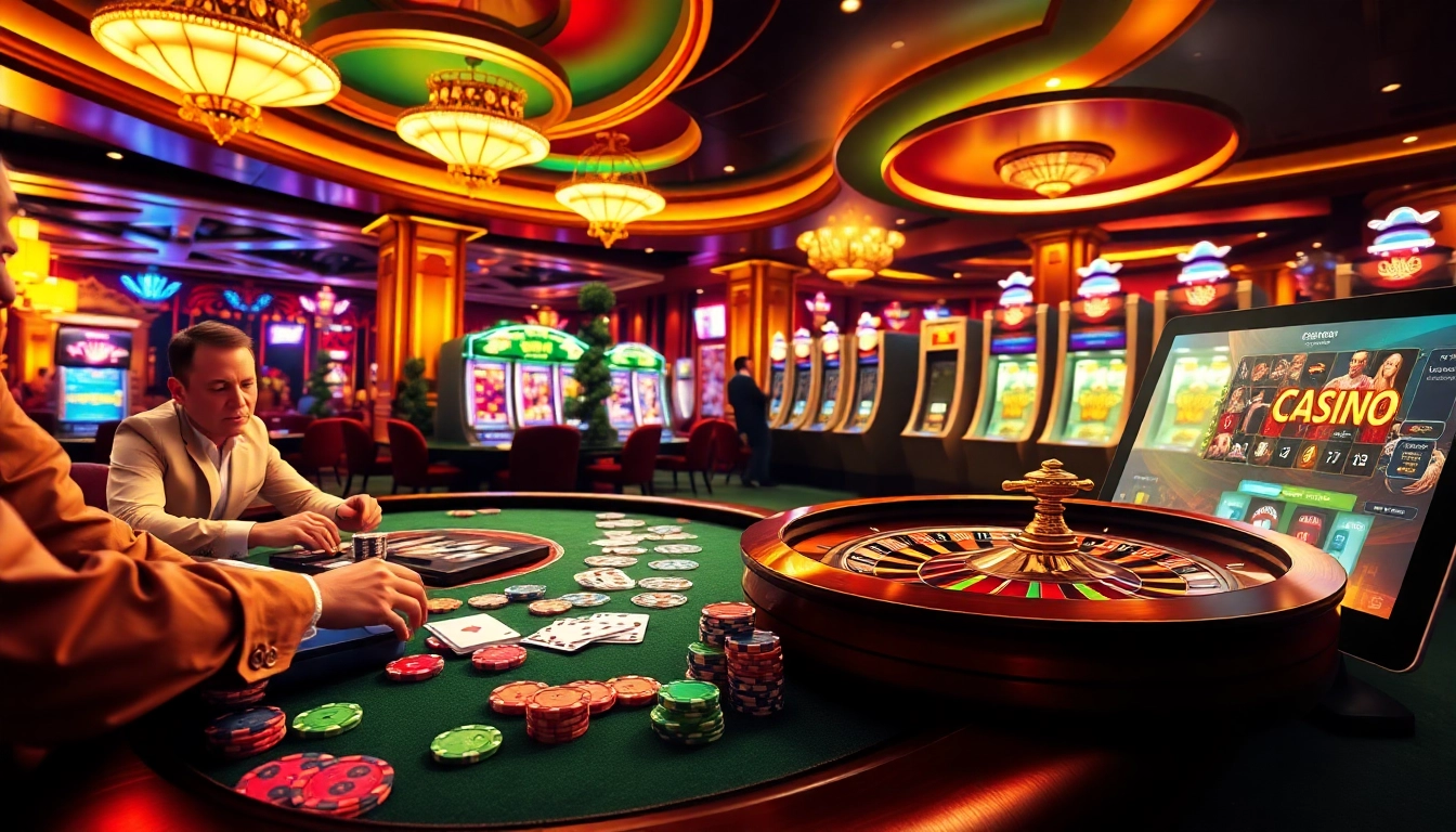 Scène passionnante de casino en ligne avec des joueurs à une table de poker et une roue de roulette lumineuse.